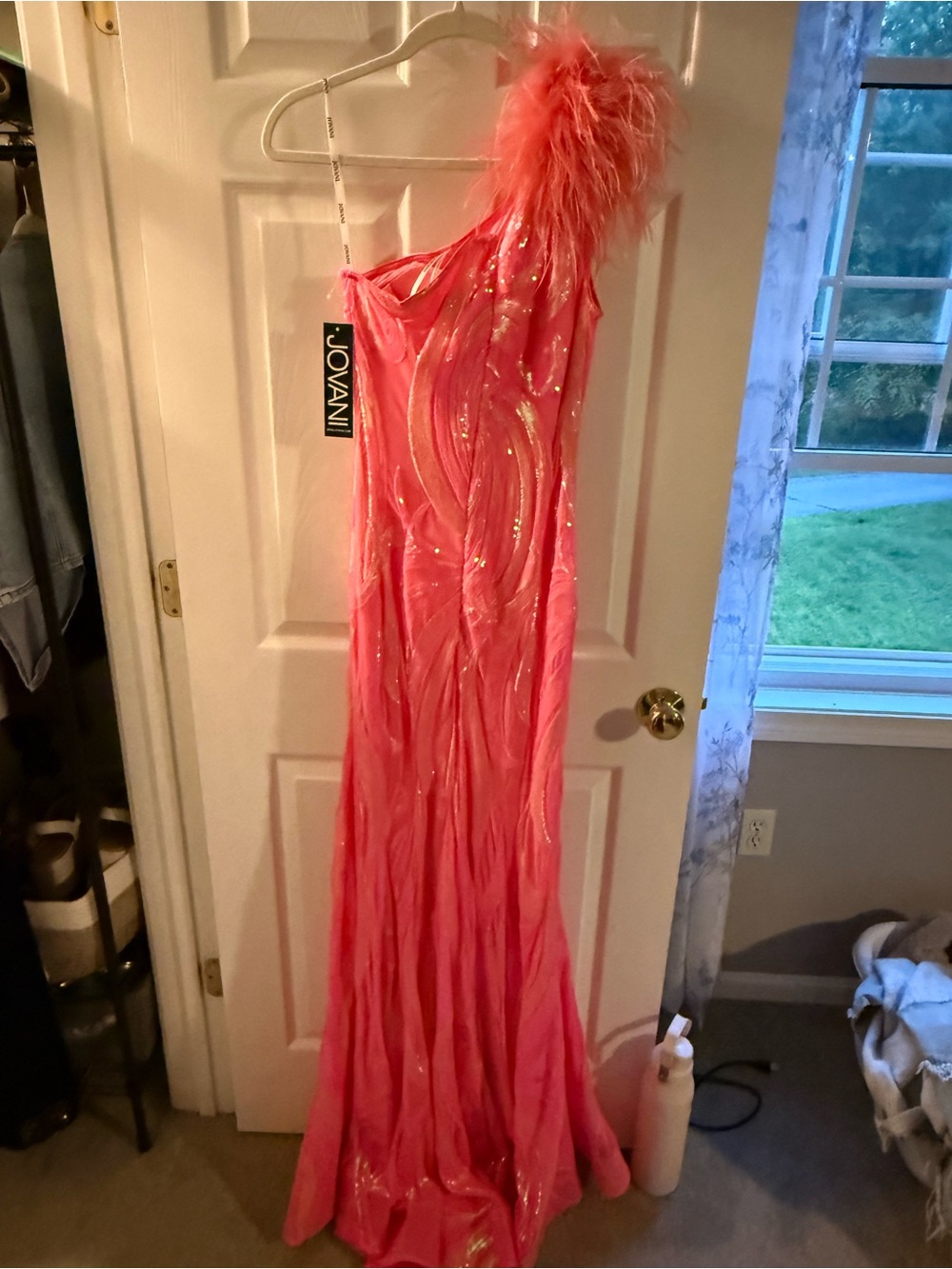 Jovani Coral Pink One-Shoulder Feather Trim Sequin Gown